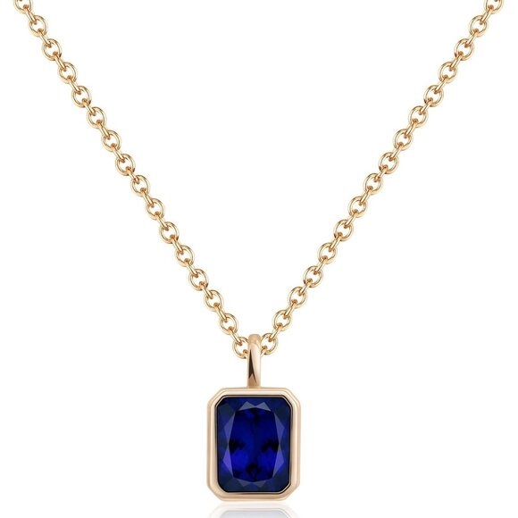 Sapphire Necklaces 14K Gold Dainty Rectangle Necklace Birthstone Navy Blue Penda - Picture 1 of 7